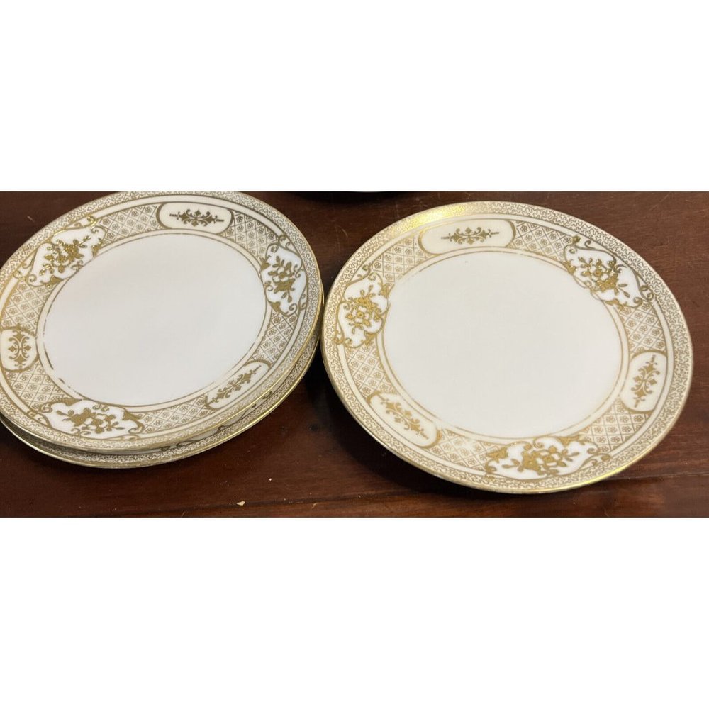 6 Vintage Nortiake Hand Painted Raised Gold Floral Scrollwork Dessert Plates